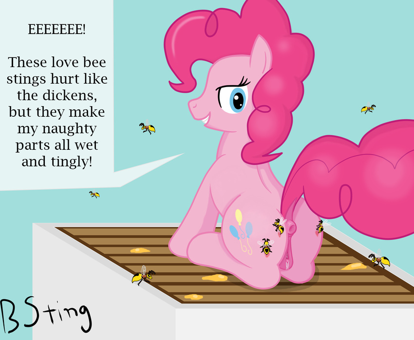 2015 anus applejack_(mlp) arthropod bee bee_sting beehive bsting butt equine female feral friendship_is_magic fur hair horse insect mammal my_little_pony pinkie_pie_(mlp) pony pussy solo