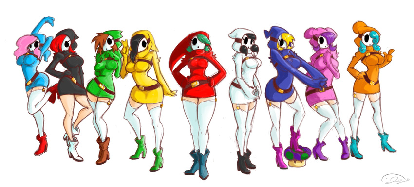 2015 belt black_hair blonde_hair blue_hair boots breasts brown_hair clothing female green_hair group hair hood legwear mario_bros mask nintendo not_furry pink_hair pleague pose purple_hair red_hair shygirl shyguy video_games