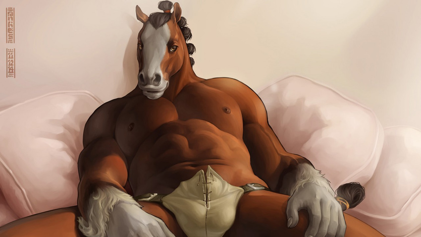 abs anatomically_correct anhes anthro balls biceps black_hair braided_hair briefs brown_eyes brown_fur bulge clothed clothing clydesdale draft_horse equine fur green_eyes grey_fur hair half-dressed horse looking_at_viewer lying male mammal mane muscles nipples on_back pecs pillow ponytail rannik smile solo spread_legs spreading tail_wrap toned topless underwear vein white_fur