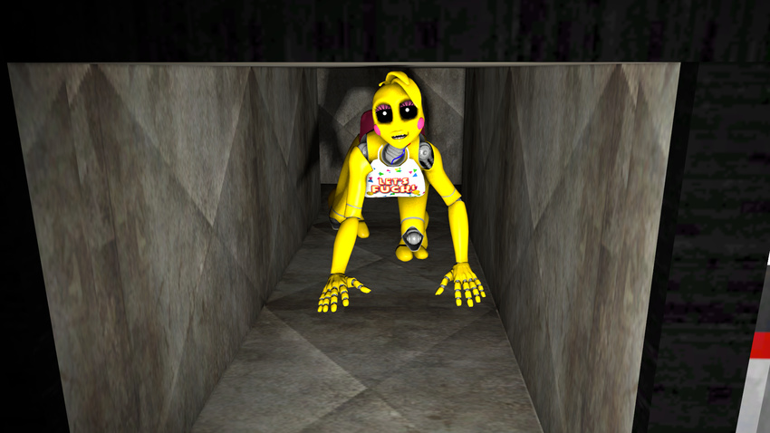 3d avian breasts chica chica_(fnaf) female five_nights_at_freddy's five_nights_at_freddy's_3 inhale inside machine mammal mechanical nipples non-mammal_breasts robot smile solo spider26 video_games