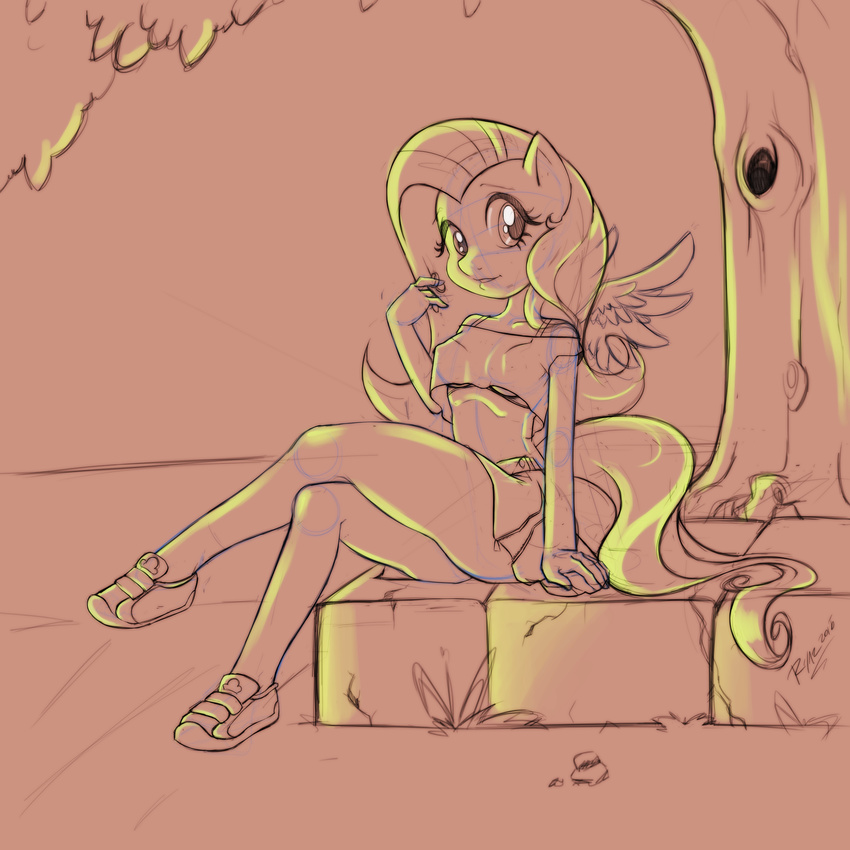 2015 anthro anthrofied breasts clothing equine erohd female fluttershy_(mlp) friendship_is_magic hair long_hair looking_at_viewer mammal my_little_pony outside pegasus sketch solo tree wings