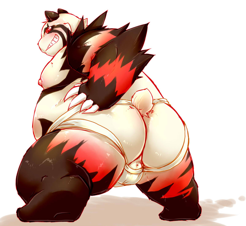 anthro backless_underwear backsack balls bear big_balls big_butt big_penis blush butt chiro_(artist) clothed clothing fanfan half-dressed jockstrap male mammal overweight penis presenting red_panda smirk solo topless underwear