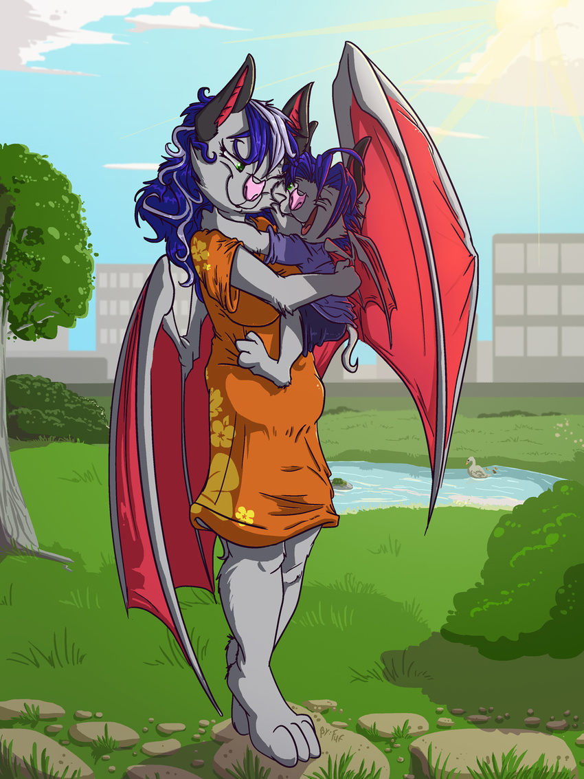 age_difference anthro bat blue_hair building child clothed clothing cub cuddling dress duo fangs female fuf fur hair holding hug larger_female long_hair male male/female mammal mother mother_and_son older_female open_mouth outside parent park size_difference smaller_male smile son tree wings young younger_male