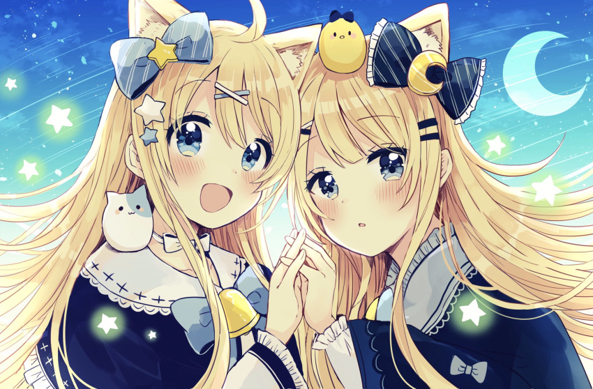 2girls :d ahoge animal animal_ear_fluff animal_ears bangs bell bird blonde_hair blue_bow blue_capelet blue_eyes blue_sky blush bow capelet cat cat_ears chick cloud commentary crescent crescent_moon day diagonal_stripes eyebrows_visible_through_hair fingernails frilled_capelet frilled_sleeves frills hair_between_eyes hair_bow hand_up head_tilt highres interlocked_fingers long_hair long_sleeves moon multiple_girls on_head on_shoulder open_mouth original outdoors parted_lips sakura_oriko sky smile star striped striped_bow very_long_hair