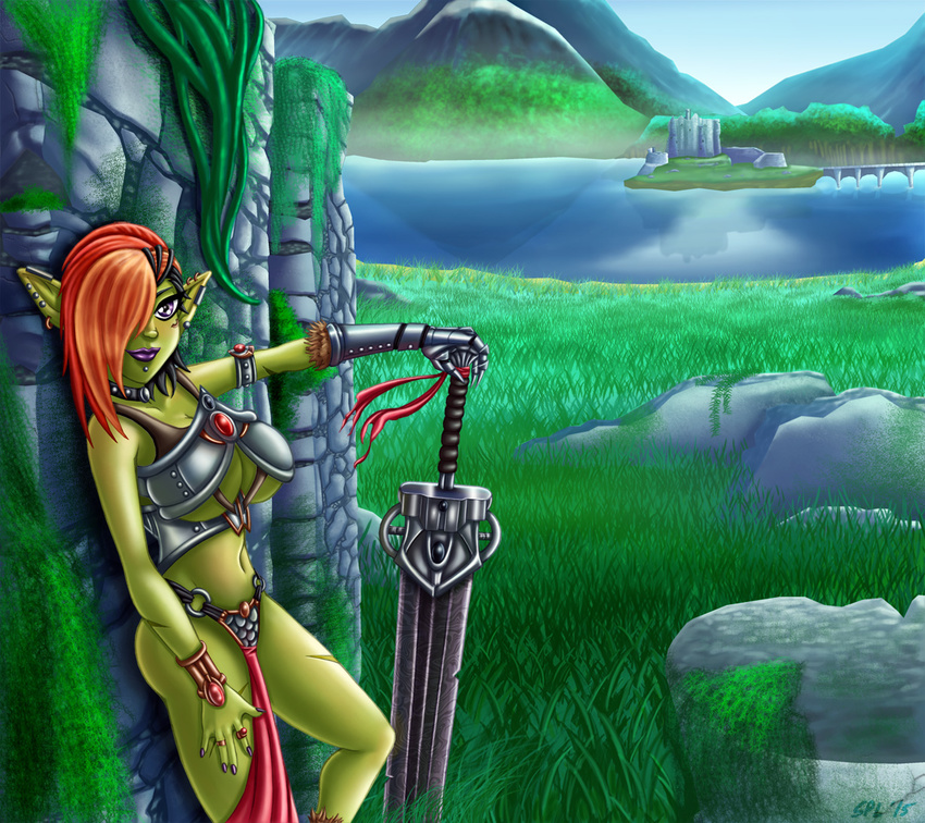 armor big_breasts breasts collar ear_piercing female goblin grass hair jewelry melee_weapon mountain orange_hair outside piercing ruins scar solo spacepiratelord standing sword the_elder_scrolls_iv:_oblivion unconvincing_armor warrior weapon