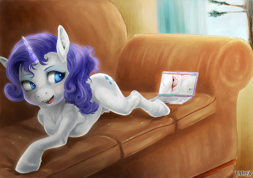 blue_eyes blush clitoris computer cutie_mark equine female feral friendship_is_magic fur hair horn inside jader laptop looking_back lying mammal my_little_pony nude on_front open_mouth purple_hair pussy rarity_(mlp) shiny signature sofa solo spread_pussy spreading teats unicorn white_fur