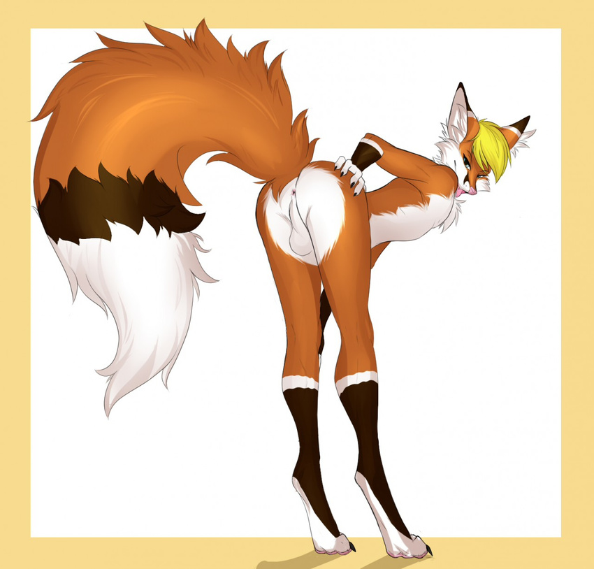 2015 anthro anus backsack balls bent_over big_tail blonde_hair butt canine chest_tuft digitigrade fluffy_tail fox foxeh fur girly hair hand_on_butt inner_ear_fluff looking_at_viewer looking_back male mammal naughty_face nirai_(artist) plain_background presenting presenting_hindquarters smile solo tongue tongue_out tuft