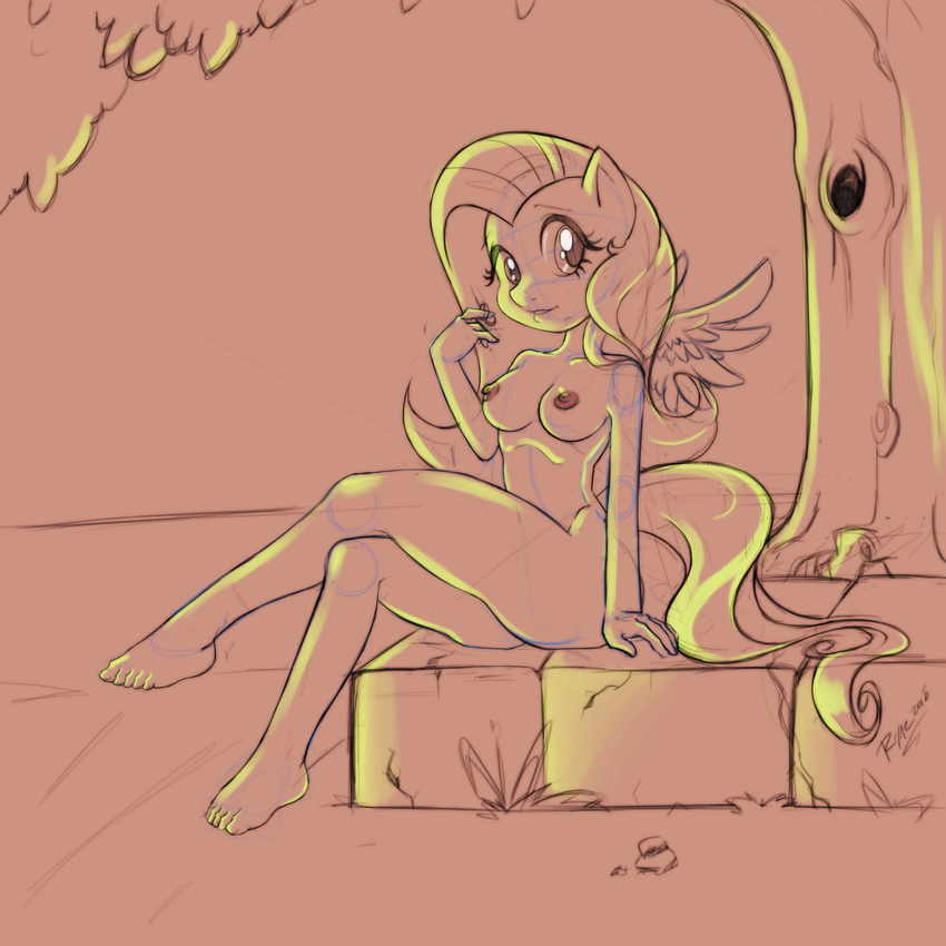 2015 anthro anthrofied breasts equine erohd female fluttershy_(mlp) friendship_is_magic hair long_hair looking_at_viewer mammal my_little_pony nipples nude outside pegasus sketch solo tree wings