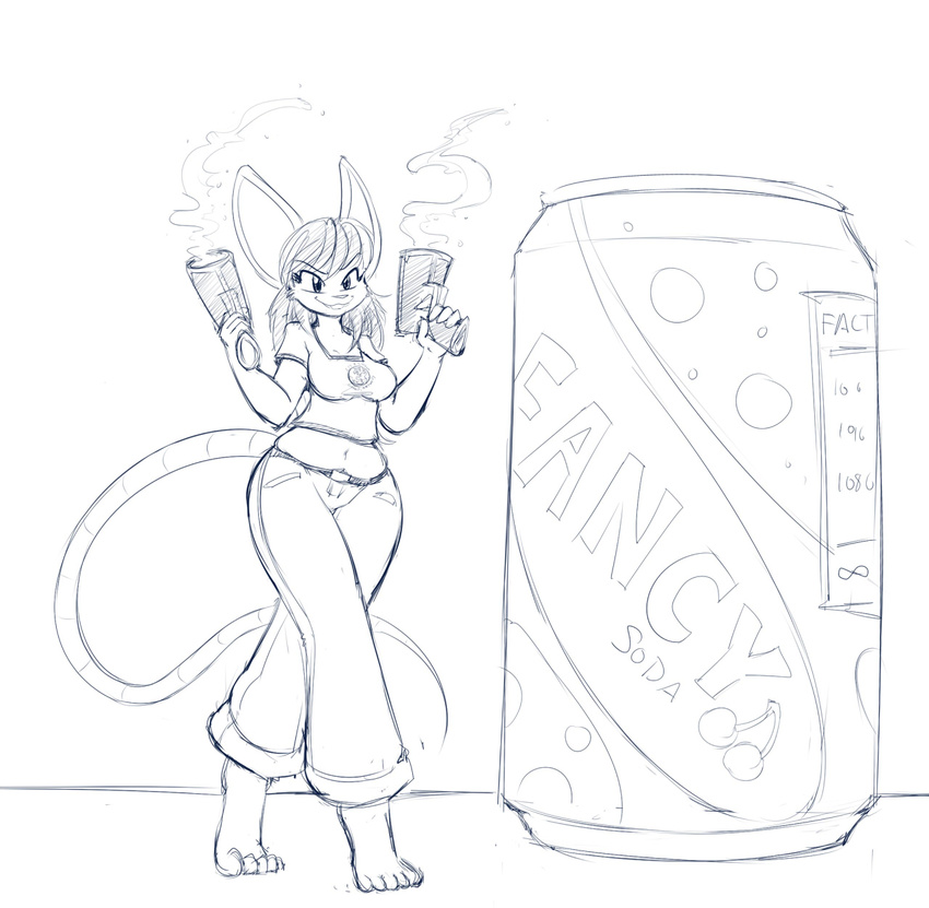 anthro beverage black_and_white can clothed clothing female gun mammal midriff monochrome mouse ranged_weapon rodent sketch soda solo tgwonder weapon