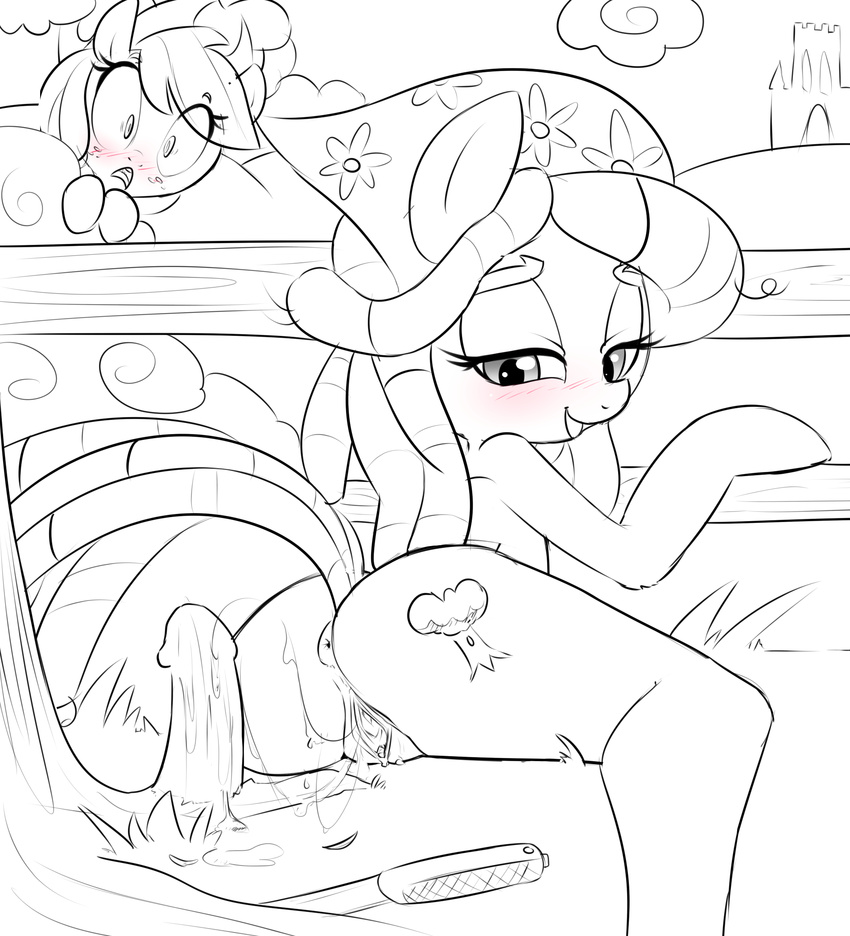 2015 after_masturbation anus applejack_(mlp) blush caught cutie_mark duo earth_pony equine female feral freckles friendship_is_magic half-closed_eyes hat hearlesssoul horse improvised_dildo improvised_sextoy mammal masturbation monochrome my_little_pony outside pony pussy pussy_juice sex smile tree tree_hugger_(mlp)