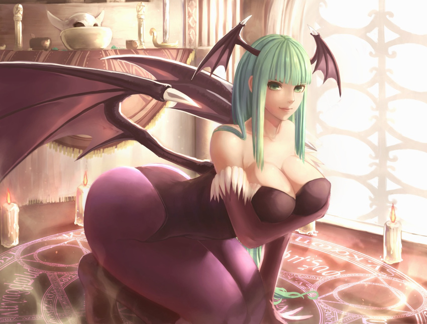 big_breasts big_butt breasts butt cleavage clothed clothing darkstalkers demon elbow_gloves female gloves green_eyes green_hair hair happy long_hair looking_at_viewer magic makeup morrigan_anesland sitting skull smile solo spell succubus tight_clothing video_games wings yazuwo