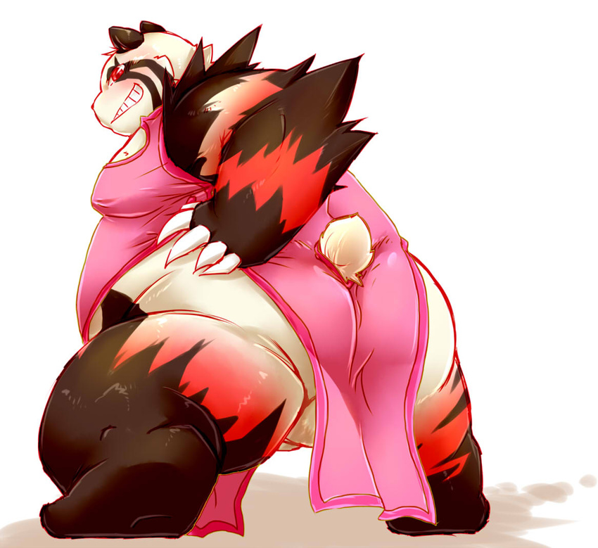 anthro backsack balls bear big_balls big_butt big_penis blush bottomless butt chinese_clothing chiro_(artist) clothed clothing fanfan half-dressed male mammal overweight penis presenting red_panda smirk solo