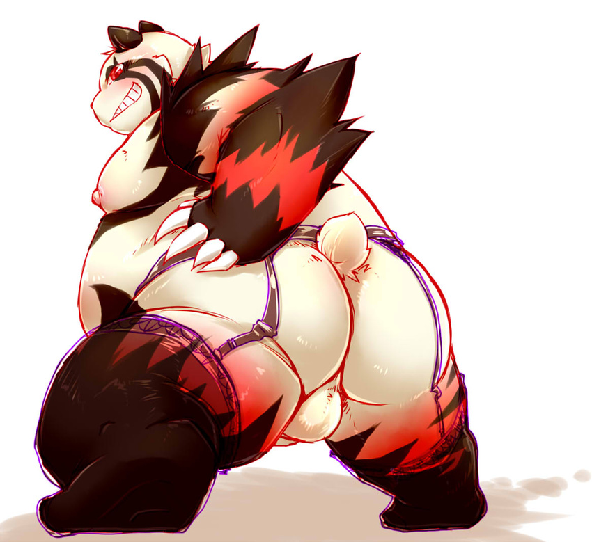 anthro backsack balls bear big_balls big_butt big_penis blush butt chiro_(artist) clothed clothing crossdressing fanfan garter_belt half-dressed legwear lingerie male mammal overweight penis presenting red_panda smirk solo stockings topless