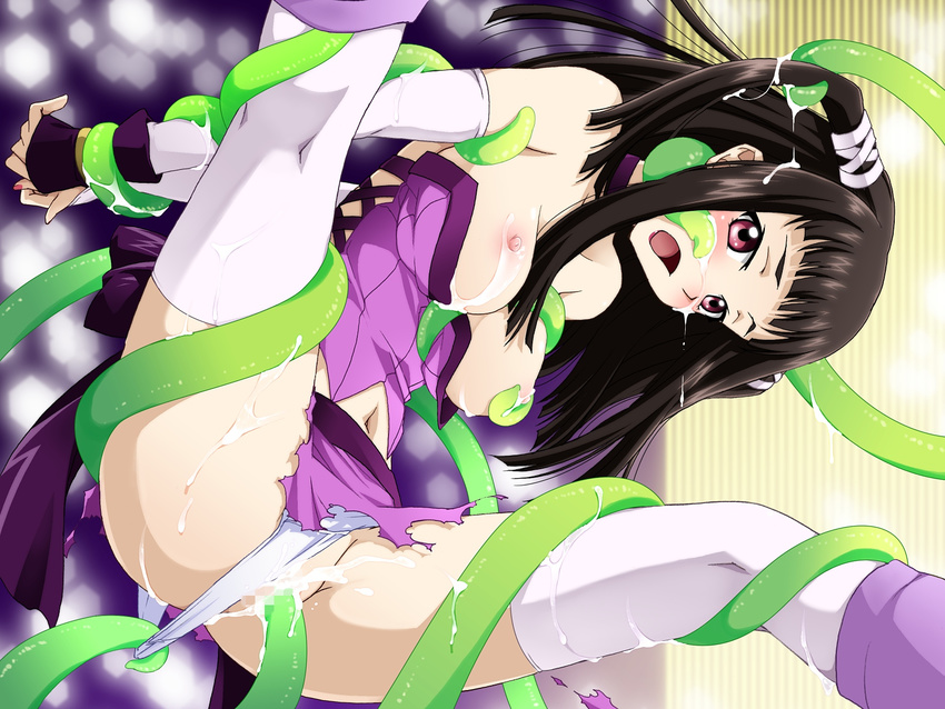 black_hair breasts brown_hair clothed clothing cum cum_in_ass cum_in_hair cum_in_pussy cum_inside cum_on_breasts cum_on_face cum_outside female hair horn not_furry open_mouth red_eyes rosario_+_vampire shy slave solo spread_legs spreading tentacle_monster tentacles