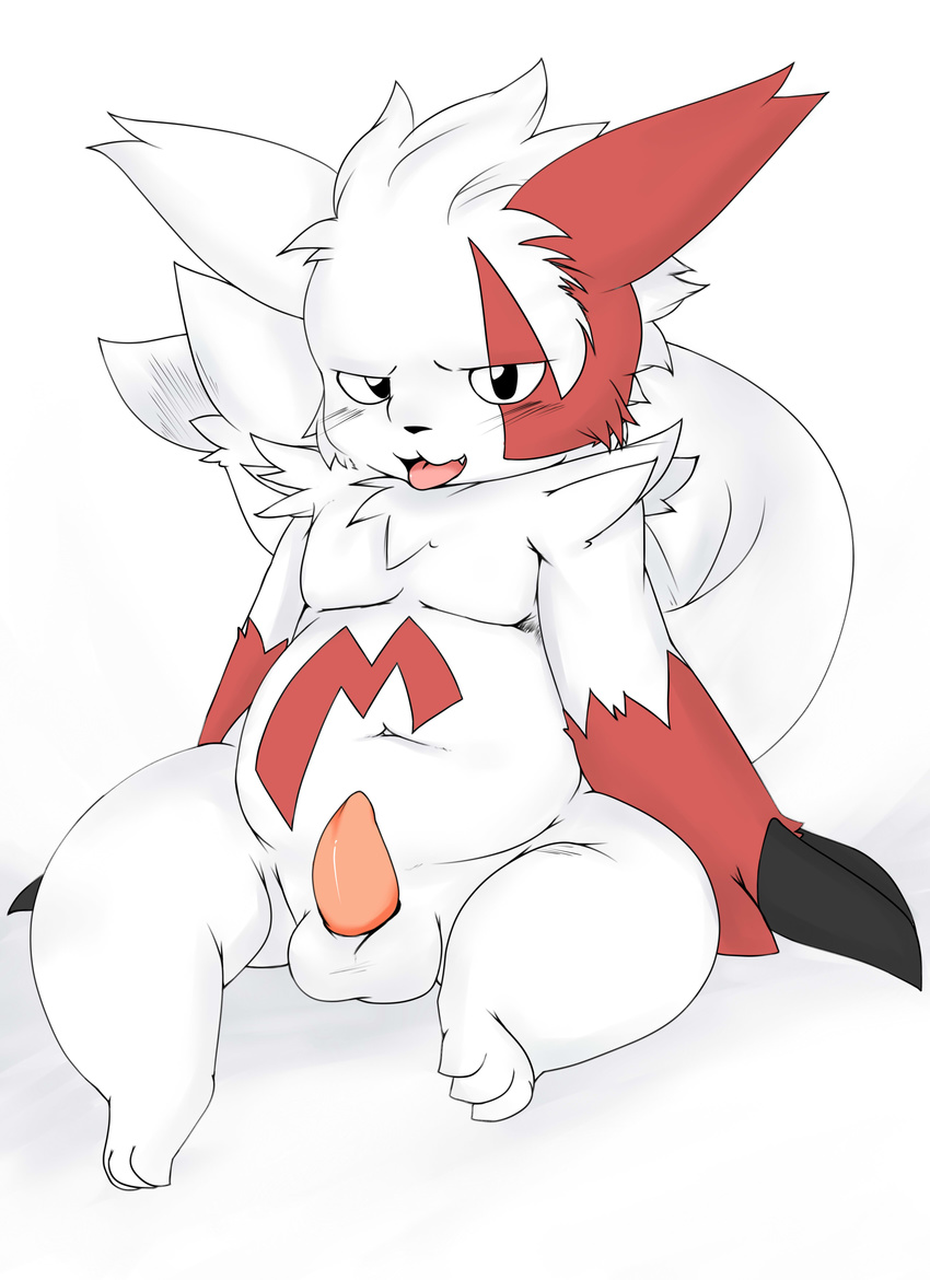 balls black_eyes blush chest_tuft chubby erection feral fur hi_res looking_at_viewer male nintendo open_mouth penis pok&eacute;mon sitting solo tongue tongue_out tuft video_games white_fur zangoose ねこなで