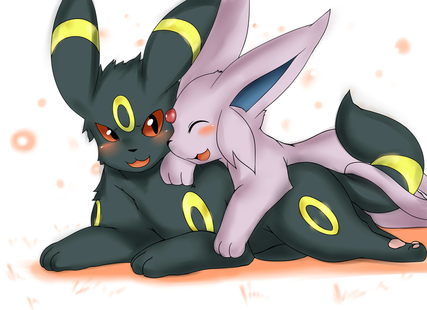 absurd_res ambiguous_gender black_fur blush couple duo eeveelution entwined_tails espeon eyes_closed feral fur hi_res lying nintendo on_front open_mouth pok&eacute;mon purple_fur red_eyes smile tongue umbreon video_games ねこなで