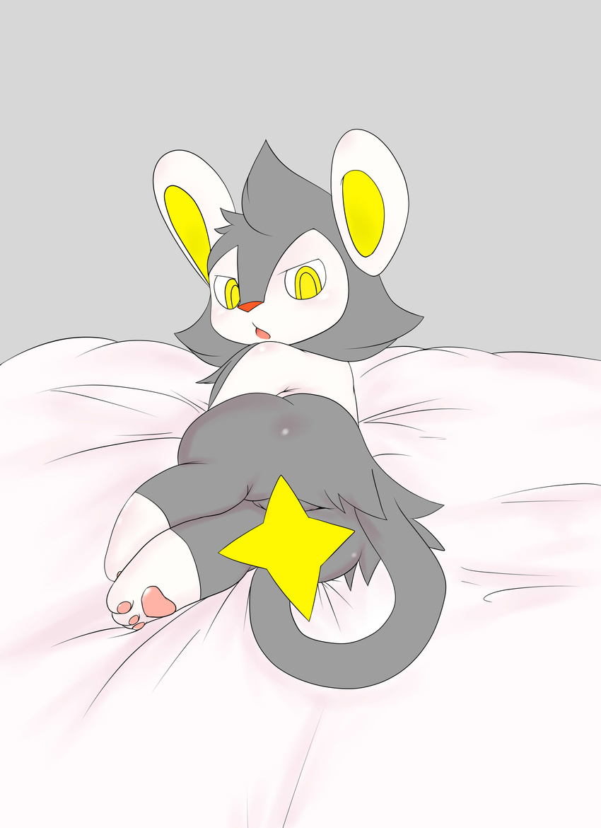 alternate_color ambiguous_gender blush convenient_censorship feral fur hi_res looking_back luxio lying nintendo on_side open_mouth pawpads paws pok&eacute;mon solo video_games white_fur yellow_eyes ねこなで