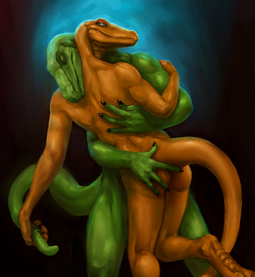 2014 ambiguous_gender butt digitigrade duo embrace eyes_closed green_scales half-closed_eyes hand_on_butt hug klongi lizard looking_back male muscles nude on_one_leg orange_scales reptile scalie slit_pupils smile tail_grab