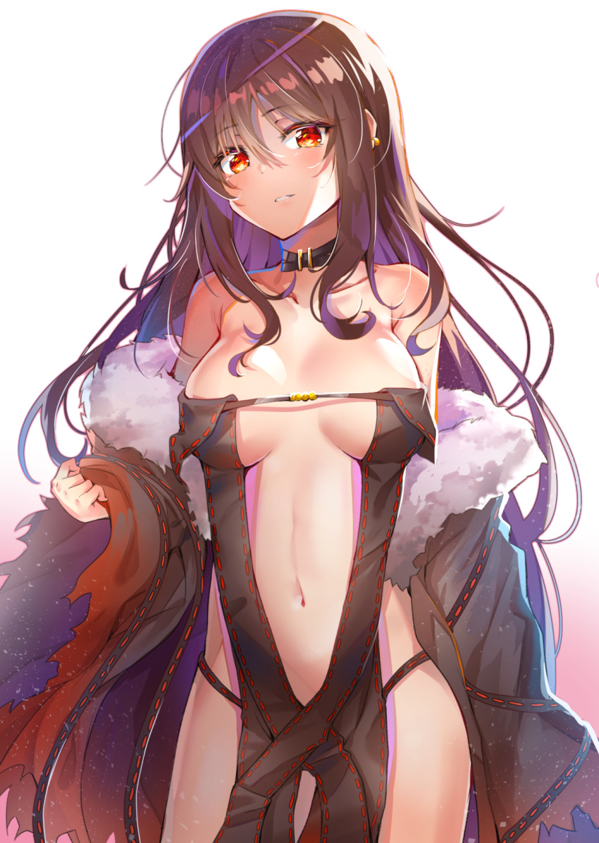 1girl arm_at_side armpit_crease bangs bare_shoulders black_choker black_dress black_hair black_jacket blush breasts breasts_apart center_opening choker collarbone commentary consort_yu_(fate) cowboy_shot dress earrings eyebrows_visible_through_hair fate/grand_order fate_(series) fur_trim gradient gradient_background hair_between_eyes hand_up head_tilt highres jacket jewelry light_particles long_hair long_sleeves looking_at_viewer medium_breasts navel off_shoulder open_clothes open_jacket parted_lips red_eyes revealing_clothes ribbon_trim sidelocks solo standing stomach sunhyun torn_clothes white_background wide_sleeves
