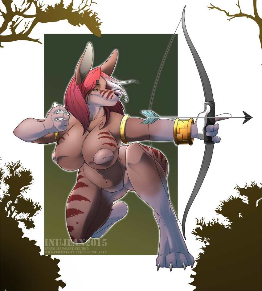 amazon anthro arrow big_breasts bow_(weapon) breasts canine claws doberman dog female hair inu-jean inverted_nipples long_ears mammal markings nipples nude ranged_weapon red_hair solo thick_thighs toe_claws weapon