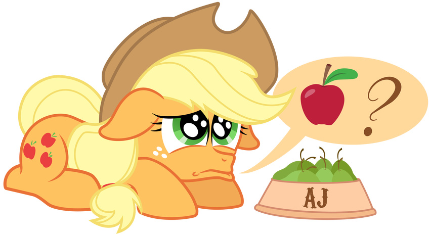 2014 absurd_res apple applejack_(mlp) blonde_hair cutie_mark earth_pony equine female feral food food_bowl freckles friendship_is_magic fruit green_eyes hair hat hi_res horse mammal my_little_pony pear pony pouting solo thediscorded