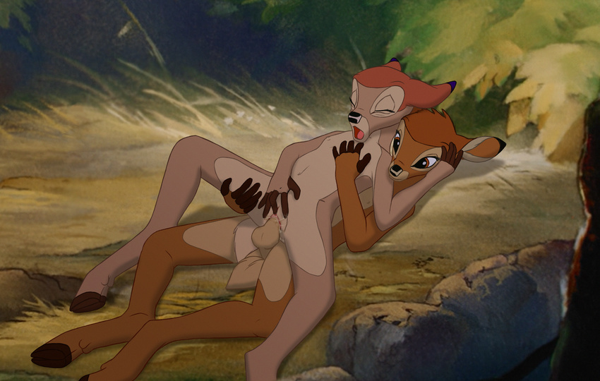 2013 5_fingers anthro anthrofied balls bambi bambi_(film) brown_fur brown_hair cervine couple cub cum cum_in_pussy cum_inside deer detailed_background disney duo embrace eyes_closed faline female flat_chested forest fur grass hair hooves lying male male/female mammal markings moan nude on_back on_top open_mouth outside penetration penis perineum pussy red_eyes red_hair reverse_cowgirl_position rock scenery sex straddling tan_fur the_giant_hamster tree vaginal vaginal_penetration young