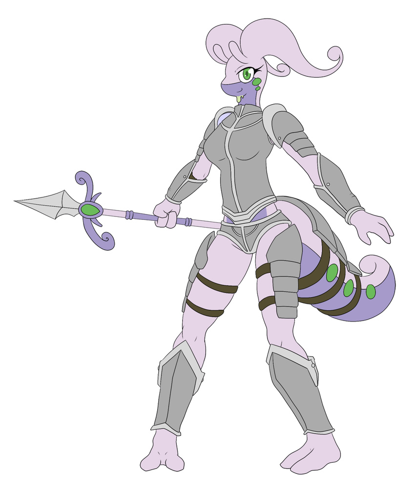 2015 alpha_channel anthro armor barefoot breasts clothed clothing dragon female goo goodra green_eyes latiar looking_at_viewer nintendo plain_background pok&eacute;mon pok&eacute;morph polearm purple_skin scalie smile solo spear transparent_background unconvincing_armor video_games weapon