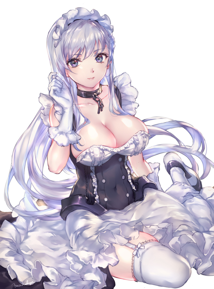 1girl apron azur_lane bangs bare_shoulders belfast_(azur_lane) blue_eyes braid breasts chains cleavage closed_mouth collar corset french_braid frilled_apron frilled_gloves frills gloves highres large_breasts long_hair looking_at_viewer maid maid_apron maid_headdress michudx simple_background smile solo swept_bangs thighs white_apron white_background white_gloves white_hair