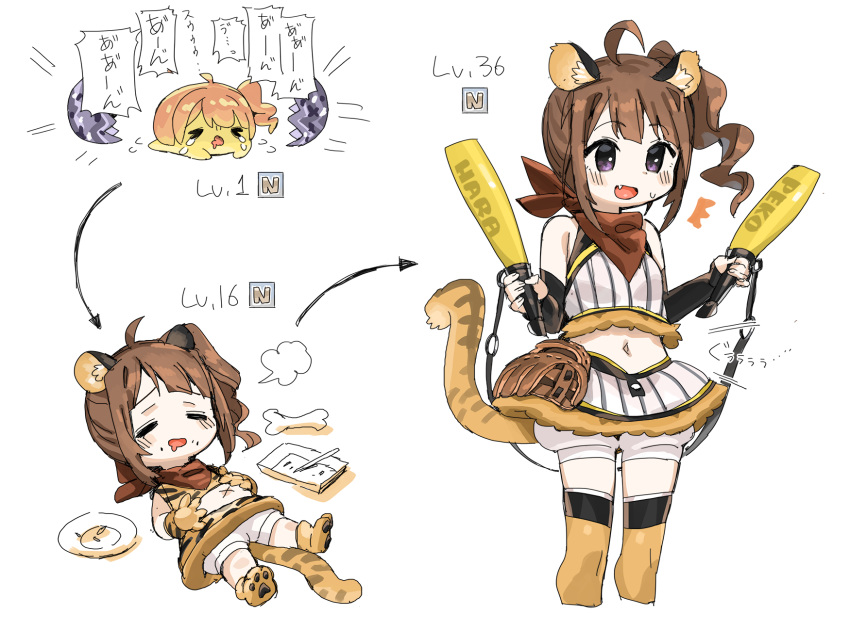 /\/\/\ 1girl =3 adapted_uniform ahoge animal_ears animal_print baseball_glove baseball_uniform black_gloves bone bridal_gauntlets brown_hair cat_paws commentary_request crumbs crying drill_hair egg elbow_gloves evolution eyes_closed fang food food_on_face fur_trim gloves hatching highres holding_stomach idolmaster idolmaster_million_live! level_up lying multiple_views navel neckerchief on_back orange_legwear partial_commentary paws plate ponytail puffy_shorts purple_eyes shorts side_ponytail simple_background skirt skirt_set sleeveless spawnfoxy speech_bubble sportswear stomach_bulge stomach_growling tail thighhighs tiger_ears tiger_print tiger_tail white_background yokoyama_nao