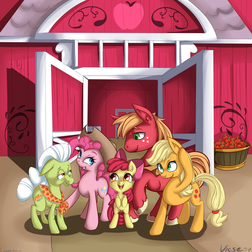 2014 absurd_res apple apple_bloom_(mlp) applejack_(mlp) barn big_macintosh_(mlp) cub earth_pony equine female feral friendship_is_magic fruit granny_smith_(mlp) group hat hi_res horse male mammal my_little_pony pinkie_pie_(mlp) pony vicse young