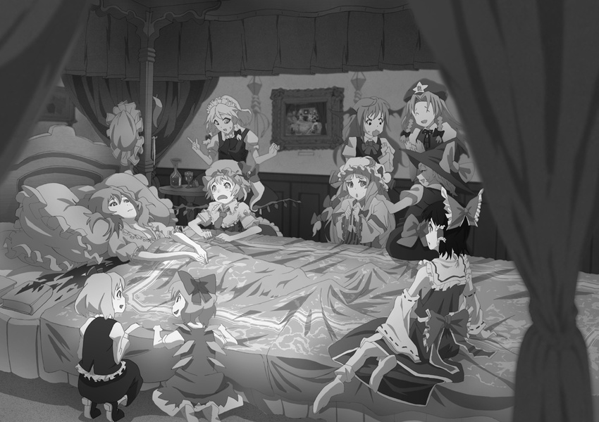 alcohol aromaurooboe bed cirno flandre_scarlet greyscale hakurei_reimu hong_meiling izayoi_sakuya kirisame_marisa koakuma monochrome multiple_girls parody patchouli_knowledge photo_(object) pillow recursion remilia_scarlet rumia scarlet_devil_mansion tears the_embodiment_of_scarlet_devil touhou wine wings