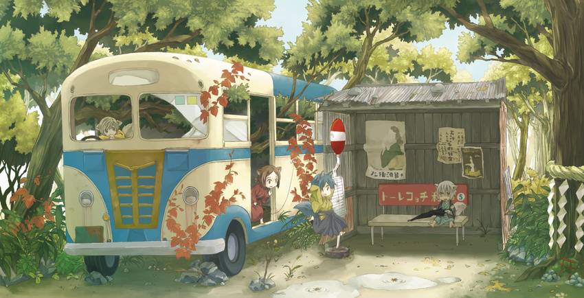 animal_ears barefoot bench blue_hair broken_glass brown_eyes brown_hair bus bus_stop falling forest glass ground_vehicle hinoya japanese_clothes jumping kimono leaf maple_leaf motor_vehicle multiple_girls nature original poster_(object) rock rope rust shide shimenawa short_hair silver_hair tail torii tree umbrella water