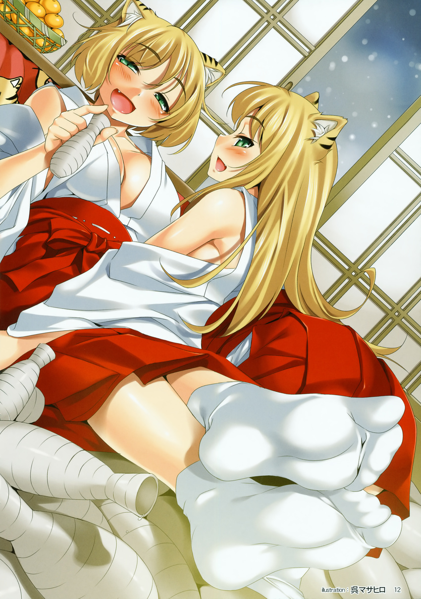 absurdres alcohol animal_ears blonde_hair blush bottle breasts cleavage copyright_request drunk dutch_angle fang feet green_eyes highres huge_filesize japanese_clothes kure_masahiro large_breasts long_hair miko multiple_girls pov_feet profile sake short_hair smile tiger_stripes tokkuri