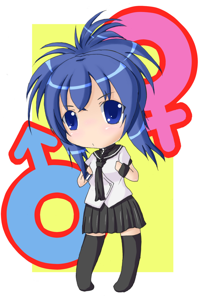 absurdres bad_id bad_pixiv_id blue_eyes blue_hair chibi highres kampfer mashiro_mu school_uniform senou_natsuru skirt solo thighhighs