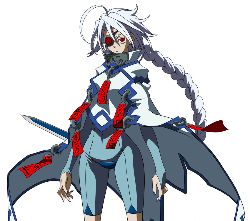 absurdres ahoge blazblue blue_nails bodysuit braid covered_navel crotch_plate eyepatch highres long_hair nail_polish nu-13 official_art red_eyes silver_hair single_braid solo transparent_background vector_trace