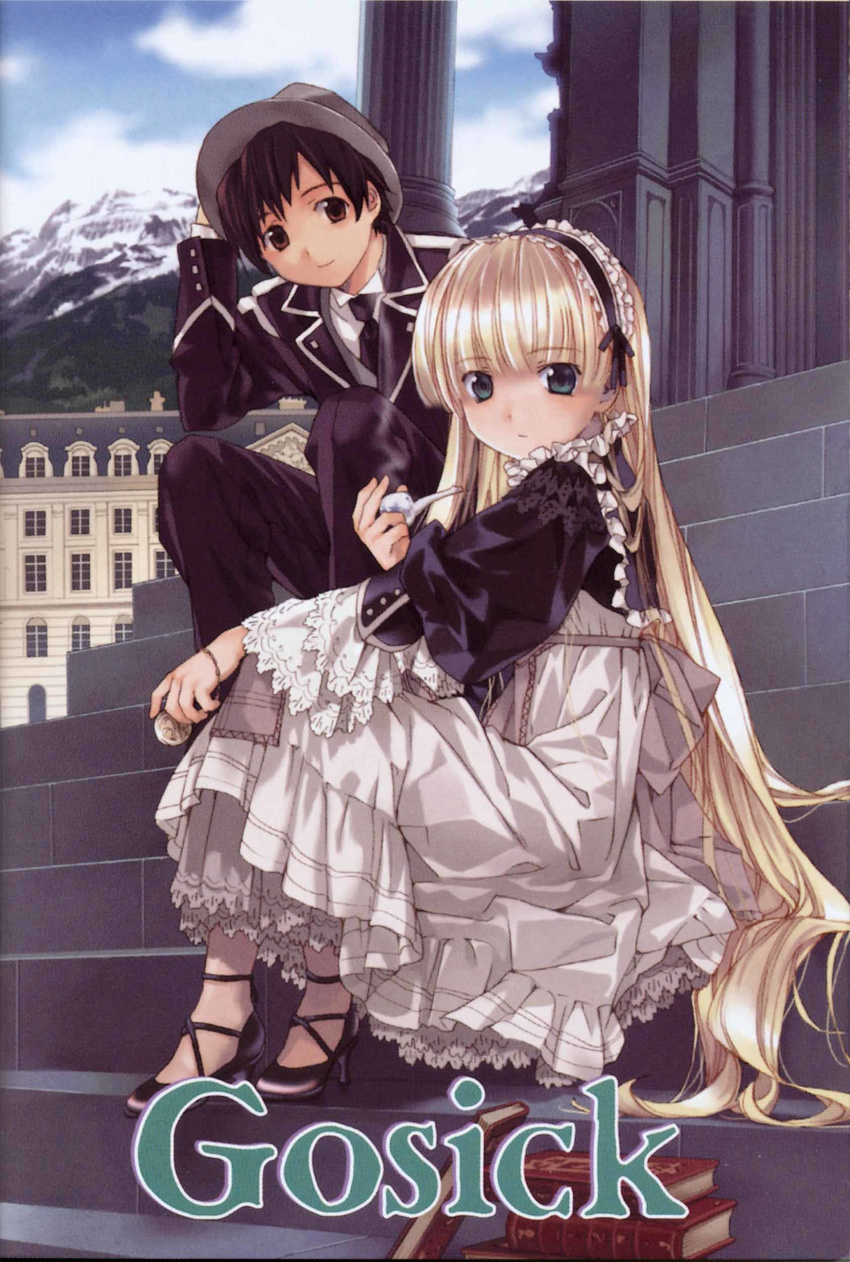 1girl absurdres blonde_hair book bow brown_eyes brown_hair building cloud copyright_name dress formal frills gosick gothic gothic_lolita green_eyes hair_bow hat high_heels highres kujou_kazuya lolita_fashion long_hair mountain necktie official_art pipe pocket_watch school_uniform shirt shoes short_hair sitting sitting_on_stairs sky smile smoke stairs takeda_hinata very_long_hair victorica_de_blois watch white_shirt