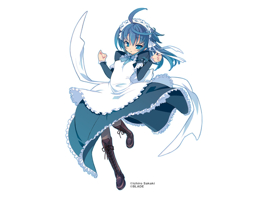 ahoge apron artist_name bangs blade_(galaxist) blue_dress blue_eyes blue_hair blush boots bow bowtie clenched_hands copyright cross-laced_footwear dress frilled_apron frilled_dress frills full_body grey_legwear hands_up knee_boots leaning_back leg_lift long_hair long_sleeves looking_at_viewer macademix magician's_academy maid maid_headdress official_art pantyhose parted_lips puffy_sleeves qfil_absolute ribbon simple_background solo standing standing_on_one_leg white_background wind wind_lift