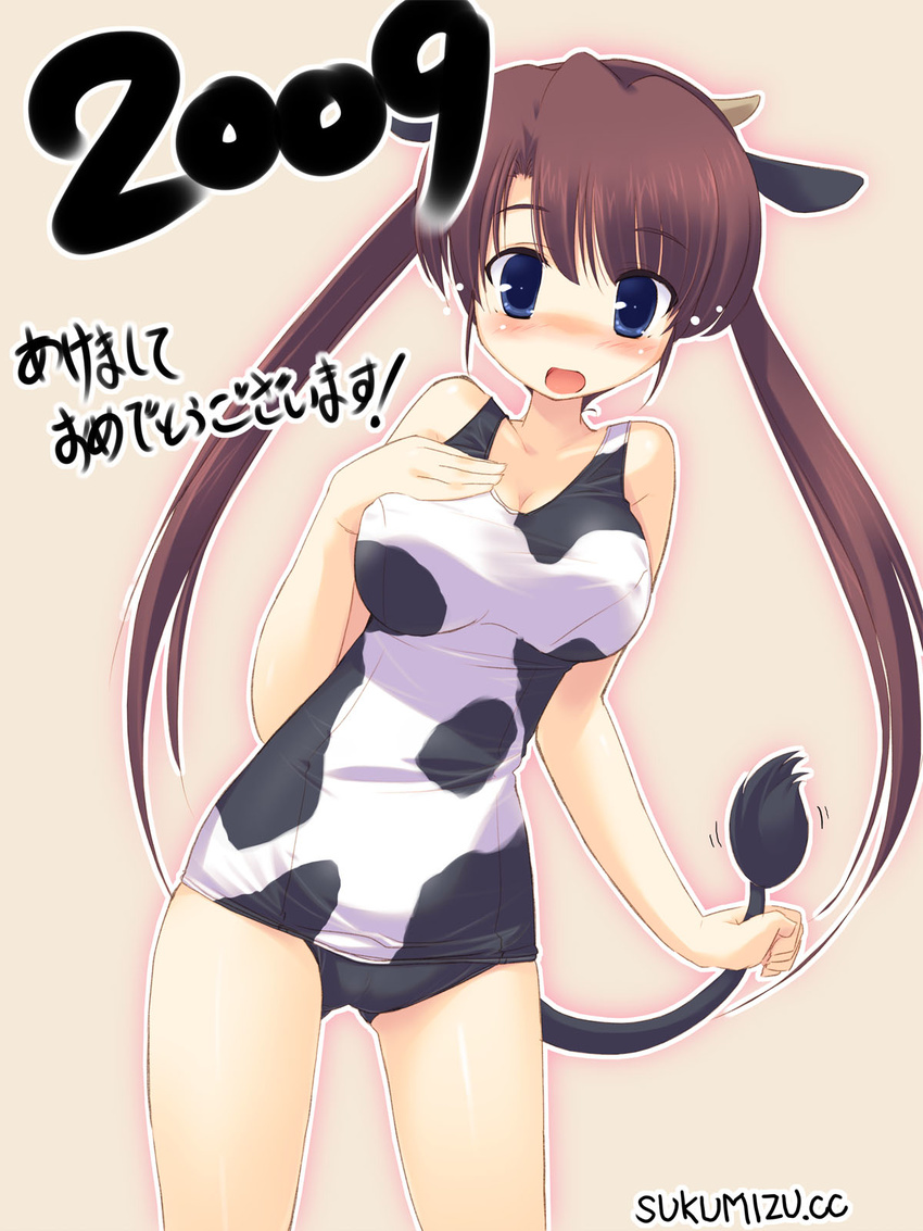 2009 animal_print blue_eyes blush brown_hair copyright_request cow_girl cow_horns cow_print ezakishii highres horns new_year one-piece_swimsuit school_swimsuit solo surprised swimsuit translated twintails