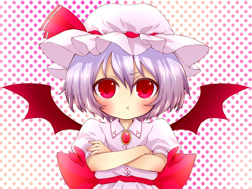 :t bat_wings blue_hair crossed_arms hat highres ichi-natsu looking_at_viewer pout red_eyes remilia_scarlet short_hair solo touhou wings
