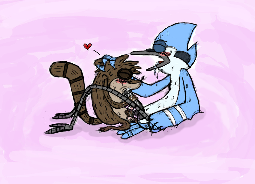 &lt;3 avian balls bird blue_feathers blue_jay blush brown_fur cartoon_network drooling duo eyes_closed fur handjob holding male male/male mammal masturbation mordecai_(regular_show) open_mouth oral penis plain_background raccoon regular_show rigby_(regular_show) saliva simple_background striped_tail tongue white_background