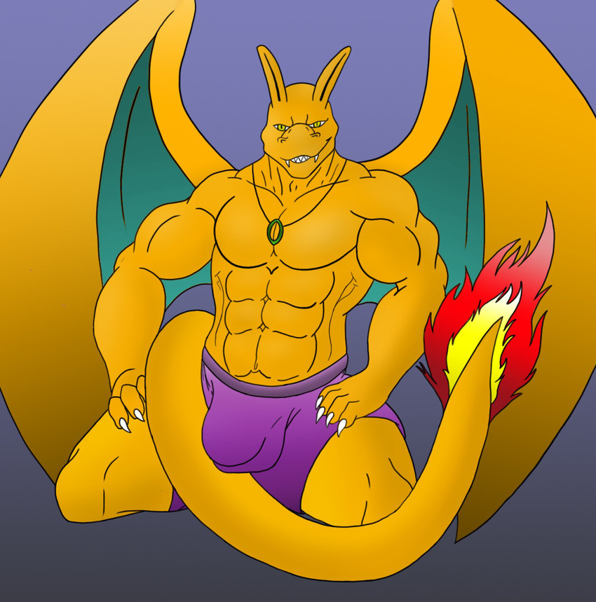 abs anthro biceps big_muscles bulge charizard charzy claws clothed clothing darius_koopa dragon fangs fire half-dressed kneeling looking_at_viewer male muscles necklace nintendo pecs pok&eacute;mon pok&eacute;morph pose ramael_fox scalie shorts solo spread_legs spreading teeth topless underwear video_games wings yellow_eyes