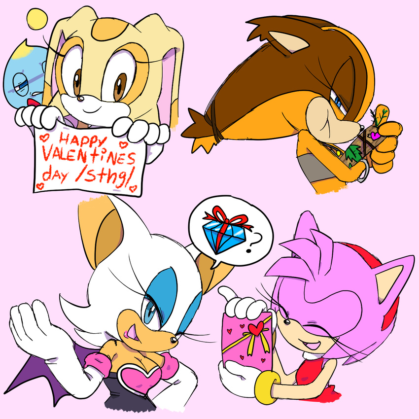 &lt;3 ? amy_rose badger bat blue_eyes breasts chao cheese_the_chao cleavage clothed clothing cream_the_rabbit cute drawfag eyes_closed female fur gem gift group happy hedgehog holidays lagomorph mammal mustelid one_eye_closed pink_fur rabbit rouge_the_bat sign smile sonic_(series) sonic_boom sticks_the_jungle_badger valentine's_day video_games wink