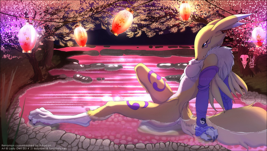 2014 blue_eyes breasts butt canine cherry_blossom claws clothing digimon digitigrade elbow_gloves female fox fur gloves lady_owl lantern looking_at_viewer mammal nipples nude partially_submerged pawpads paws renamon sitting skinny small_breasts smile solo water watermark white_fur yellow_fur