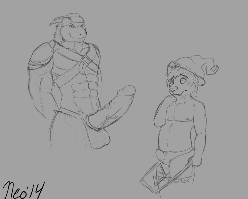 2014 abs anthro balls blush canine clothing dog dragon erection fur grin hat husky leather_straps male mammal muscles neokandra nipples nude penis plain_background scalie size_difference sketch speedo swimsuit sword weapon