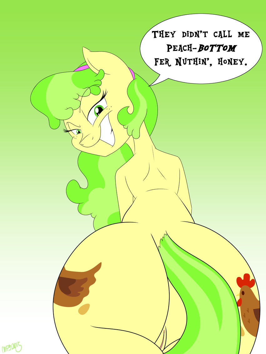 2015 anthro anthrofied big_butt butt cutie_mark dialogue english_text equine female freckles friendship_is_magic green_eyes green_hair hair hi_res horse looking_at_viewer looking_back mammal ms_peachbottom_(mlp) my_little_pony mysteryfanboy718 pony pussy smile solo text two_tone_hair