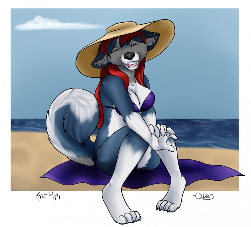 anthro beach bikini canine clothing cute dog ear_piercing facial_piercing female floof floofy husky kat katherine lip_piercing mammal oli_snowpaw piercing purple_bikini seaside snakebites solo sun_hat swimsuit tropical