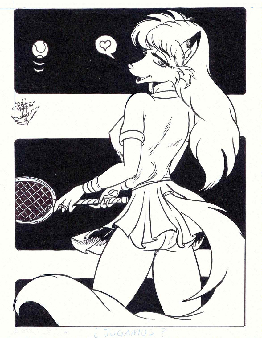 &lt;3 2001 black_and_white butt canine clothing cute dr_moreau female fox hair long_hair looking_at_viewer looking_back mammal monochrome panties rear_view skirt solo tennis tennis_ball tennis_outfit tennis_racket underwear upskirt