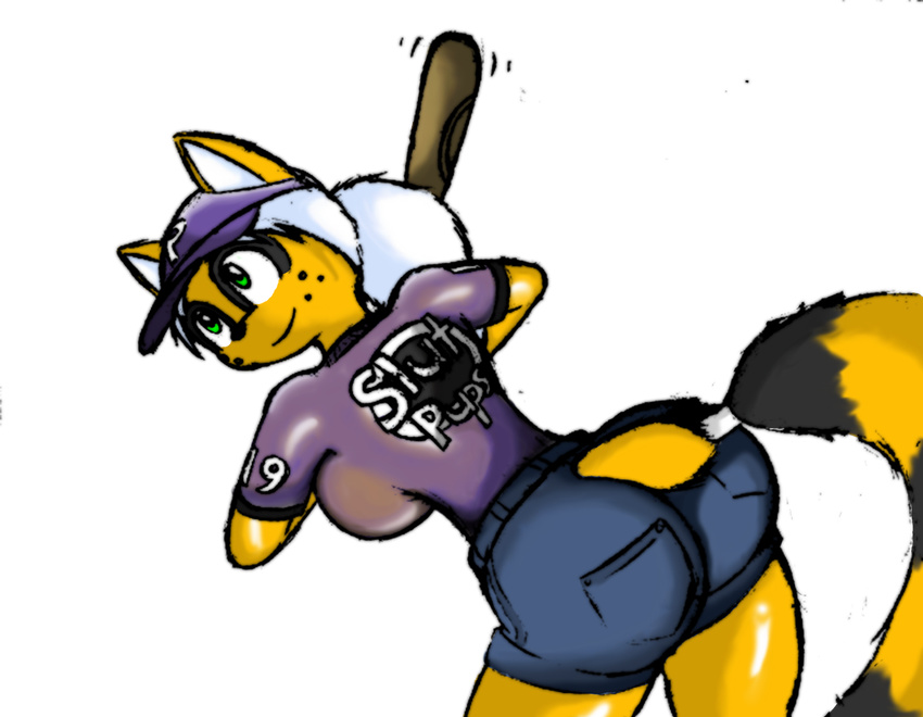 anthro anthrofied baseball_bat baseball_cap baseball_uniform belt big_breasts big_butt breasts butt clothed clothing female freckles fur green_eyes hair hat mammal norithics ponytail ringtail shorts side_boob skeletal-k9 solo sunni_smiles white_hair yellow_fur