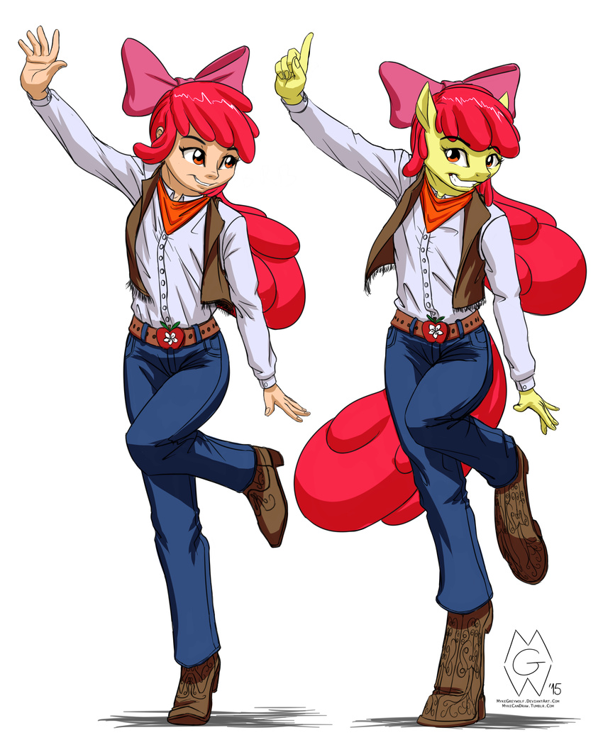 2015 amber_eyes anthro anthrofied apple_bloom_(mlp) bow clothing dancing duo equine female friendship_is_magic hair horse human humanized mammal my_little_pony mykegreywolf pony pose red_hair