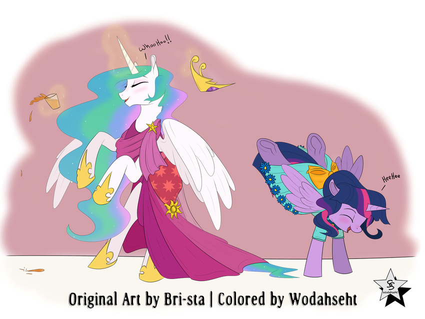 2015 absurd_res blush bow bri-sta clothing crown dress drink duo equine eyes_closed female friendship_is_magic fur hair hi_res horn long_hair mammal multicolored_hair my_little_pony open_mouth princess_celestia_(mlp) purple_fur purple_hair twilight_sparkle_(mlp) white_fur winged_unicorn wings wodahseht